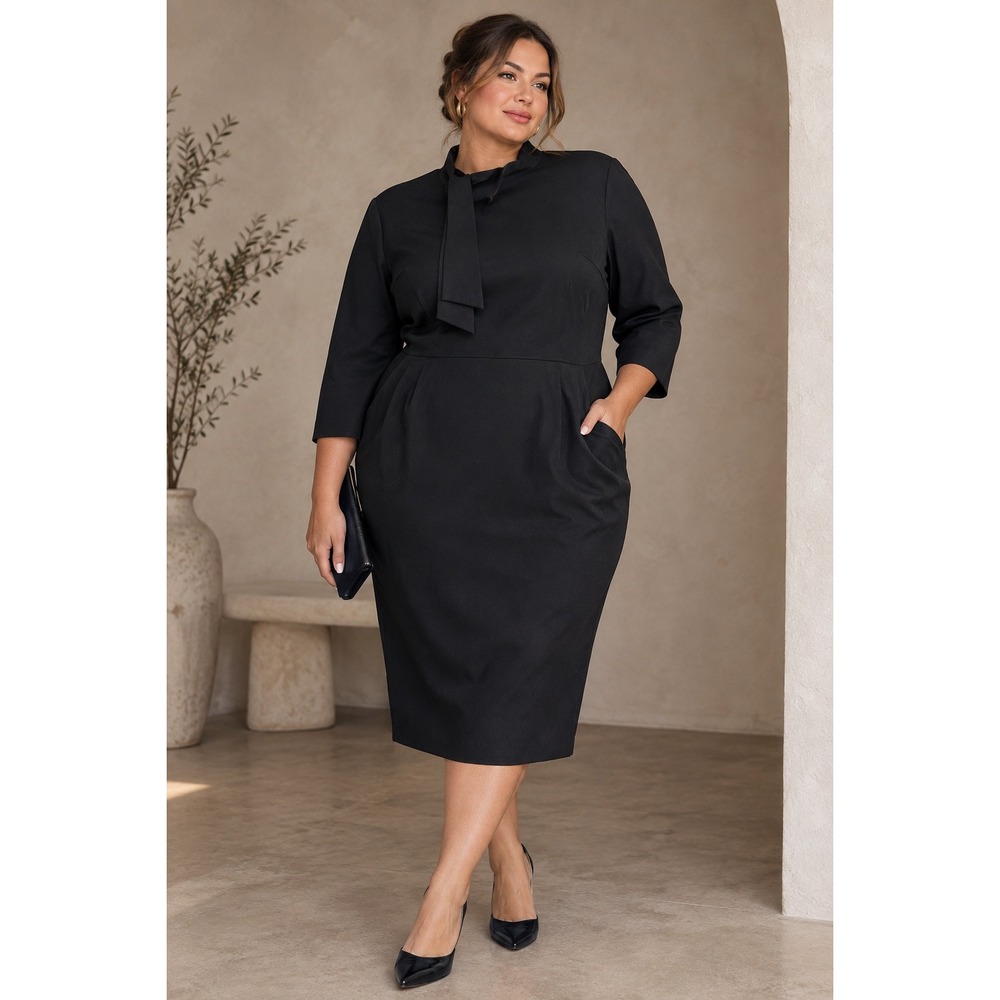 MUXXN Sheath Dress Women XXL Black NEW Tie Neck 3/4 Sleeve Retro Midi Pockets